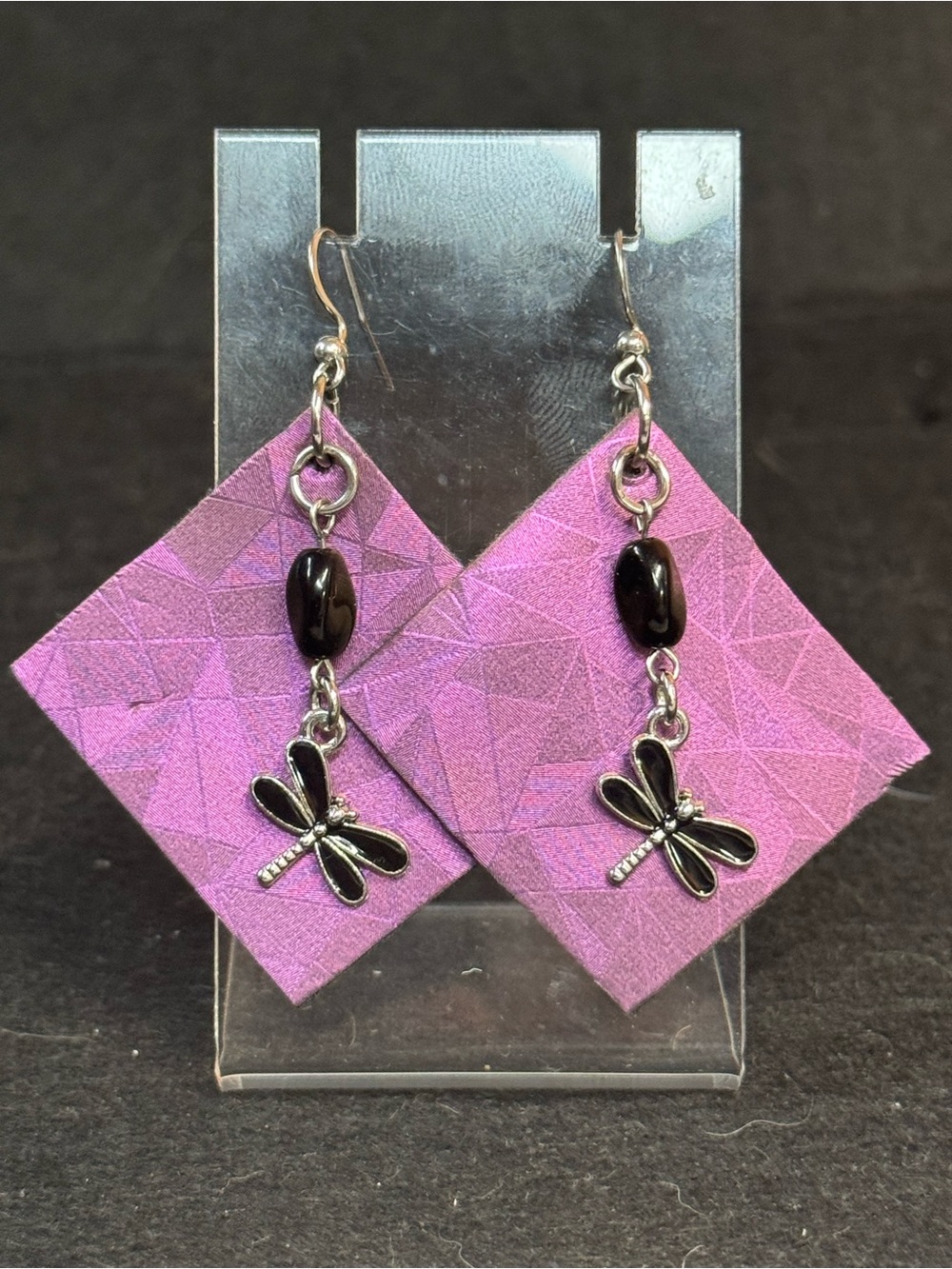 Purple Geometric Faux Leather Earrings with Black Dragonfly Charms